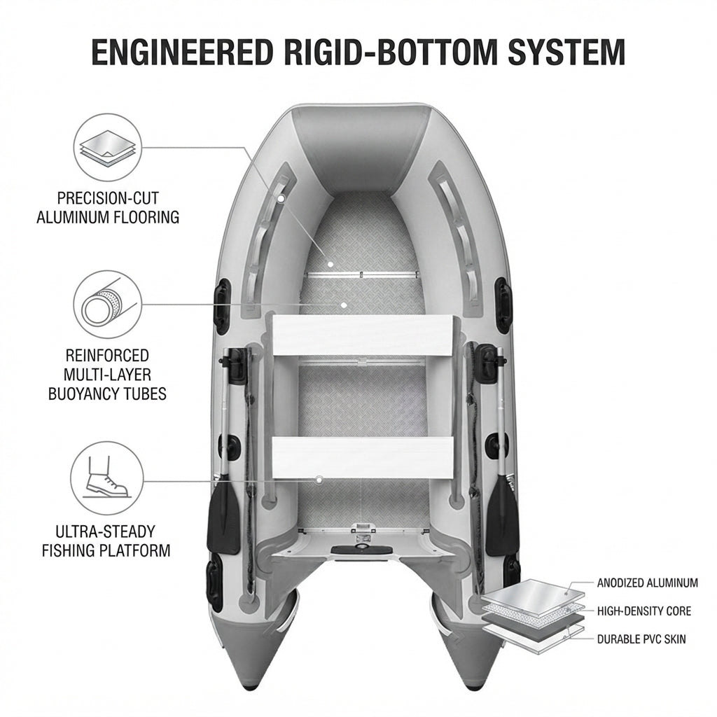 AirowMarine 4.3m Armored Inflatable Fishing Boat – Rigid Aluminum Floor – detail view