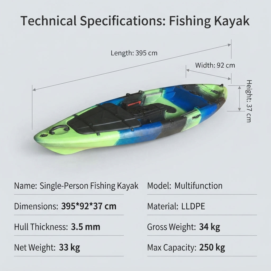 AirowMarine 395cm Fishing Kayak – LLDPE Rotomolded Pedal & Rudder System – dimensions and specifications