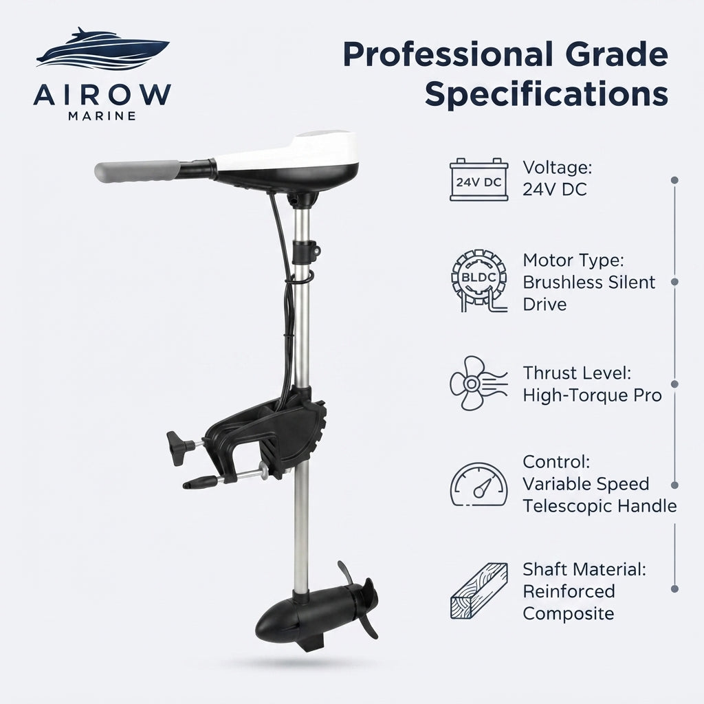 AirowMarine 24V Electric Trolling Motor – Silent Outboard (AM-24V Pro) – dimensions and specifications