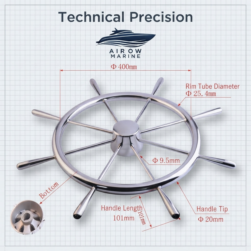 316 Stainless Steel Marine Steering Wheel - 8-Spoke, Mirror-Polish (400mm)