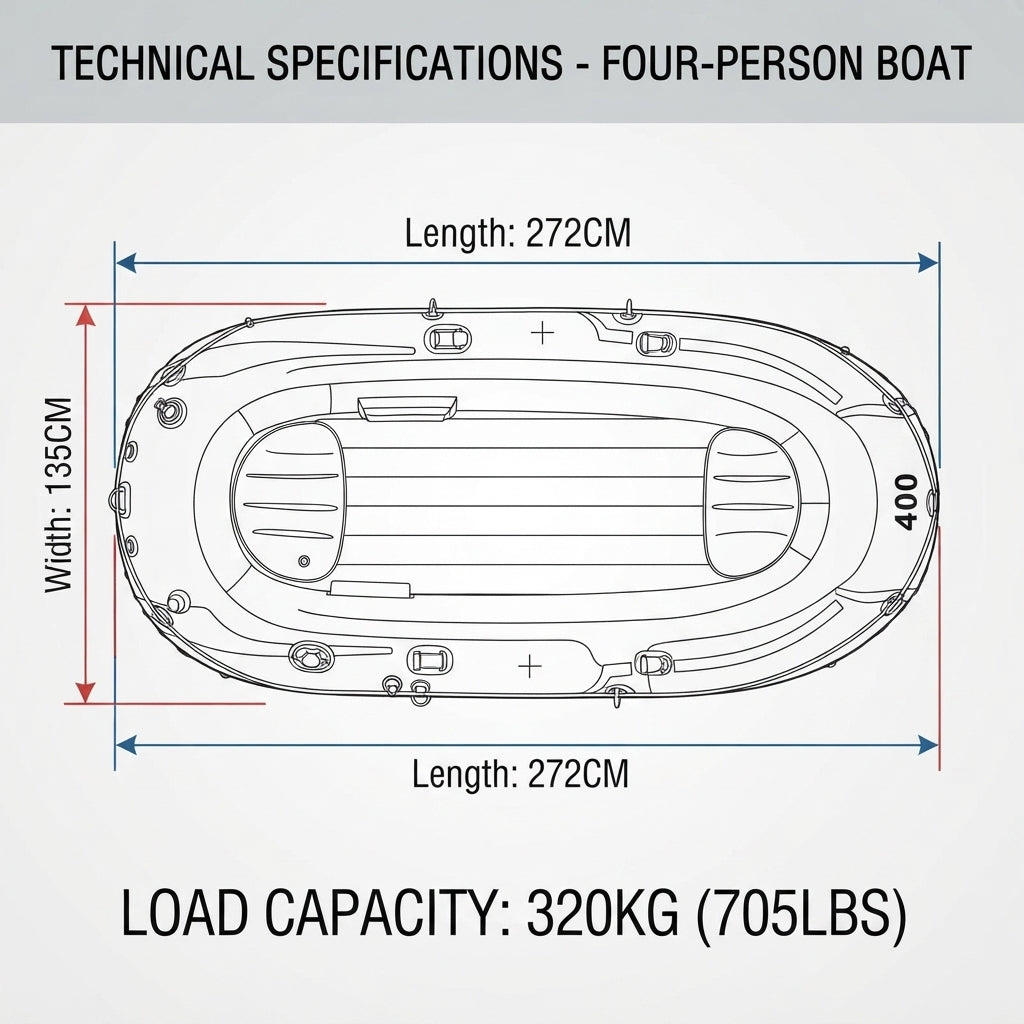 4-Person Inflatable Fishing Boat – Reinforced, Wear-Resistant PVC Raft (272x135cm) – dimensions and specifications