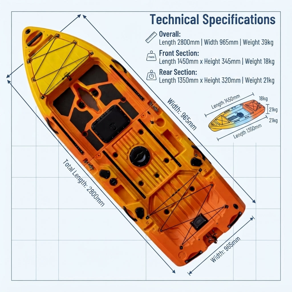 AirowMarine 2.8m Rotomolded Fishing Kayak – Precision Pedal Drive & Ergonomic Seat – dimensions and specifications