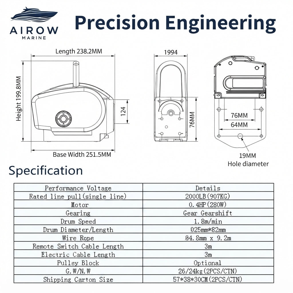 AirowMarine 2,000LB 12V Electric Marine Winch – Heavy-Duty Steel Cable – dimensions and specifications