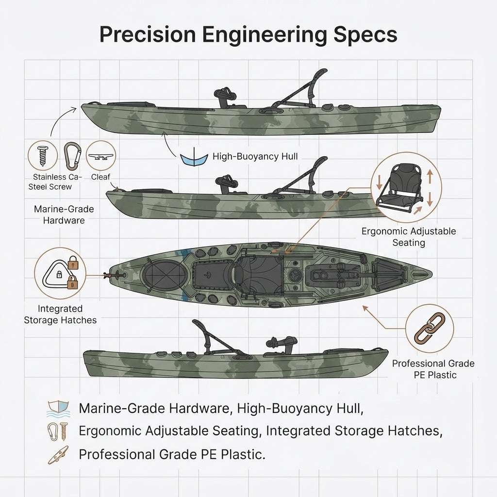 AirowMarine 3.2m Pedal Fishing Kayak – Rotomolded LLDPE & UV-Resistant Design – dimensions and specifications