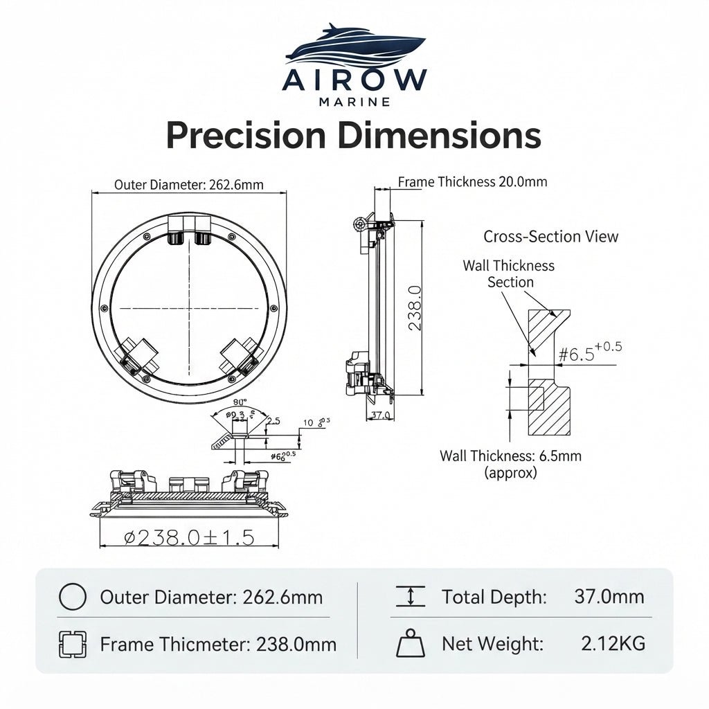 AirowMarine 316 SS Round Porthole - Impact-Resistant Acrylic (262.6mm OD)