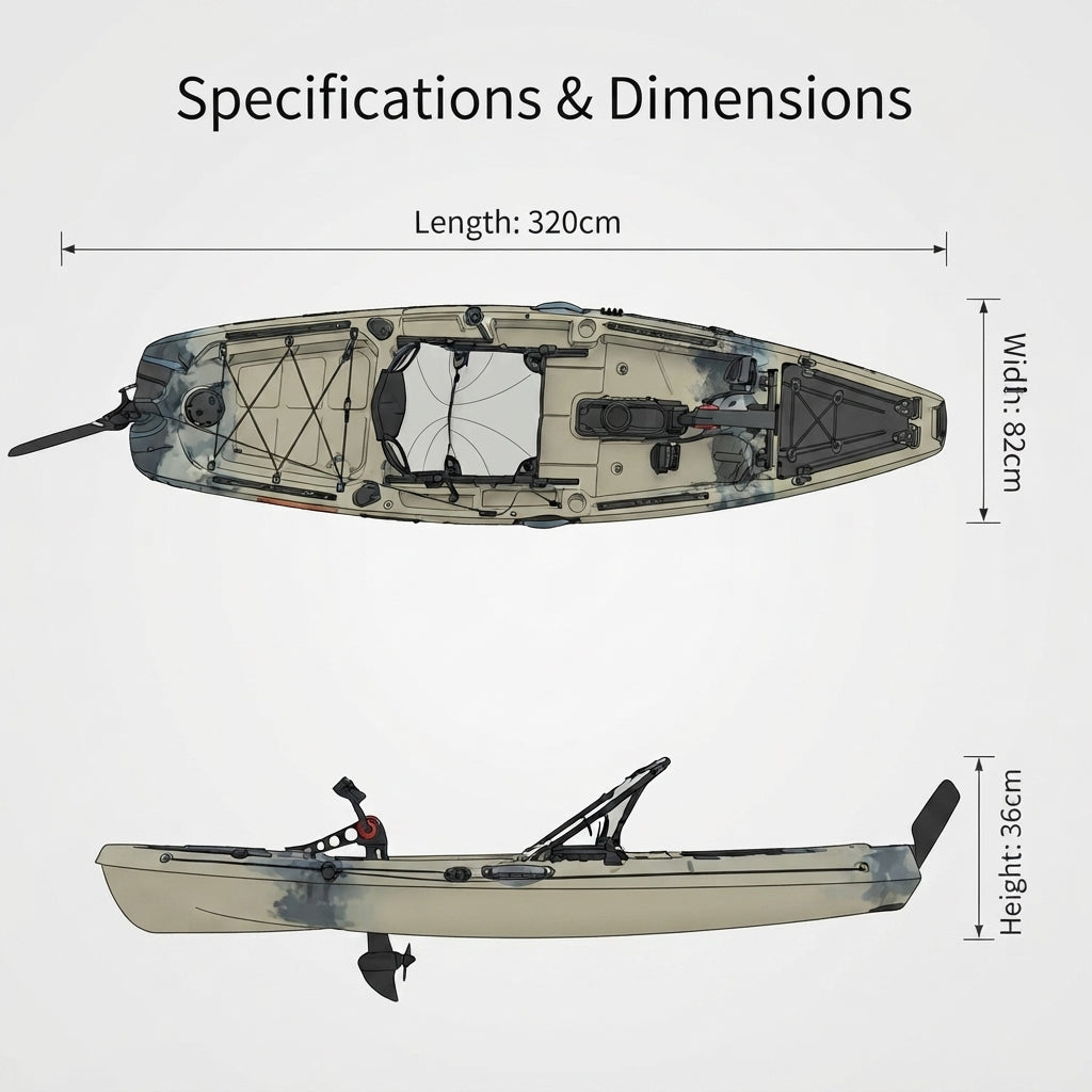 AirowMarine 320cm Rotomolded Pedal Kayak – Propeller Drive, Polyethylene – dimensions and specifications