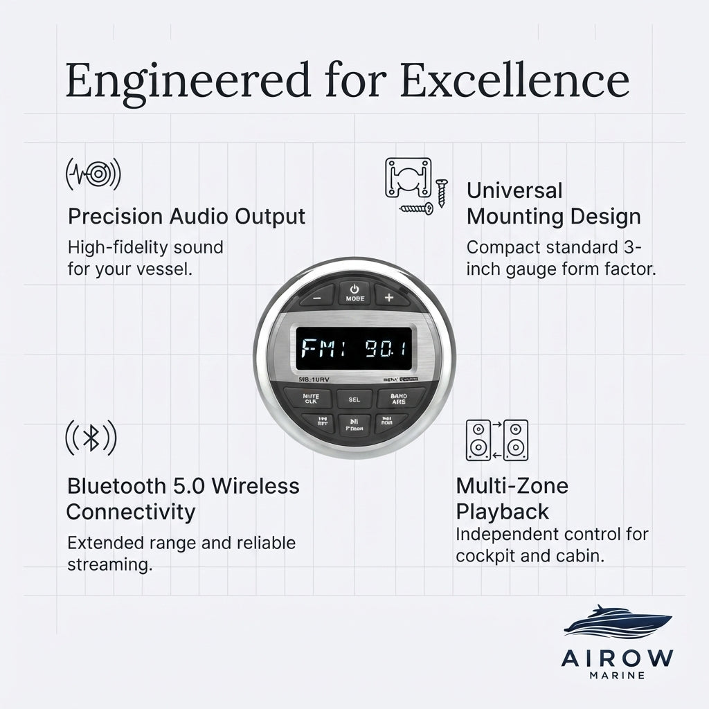 AirowMarine MS-10RV Gauge Marine Stereo - IPX6 Waterproof Bluetooth (4x50W)