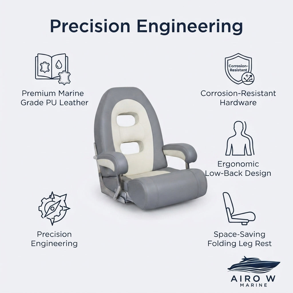 AirowMarine Premium PU Leather Marine Seat - Folding Leg Rest & Low-Back