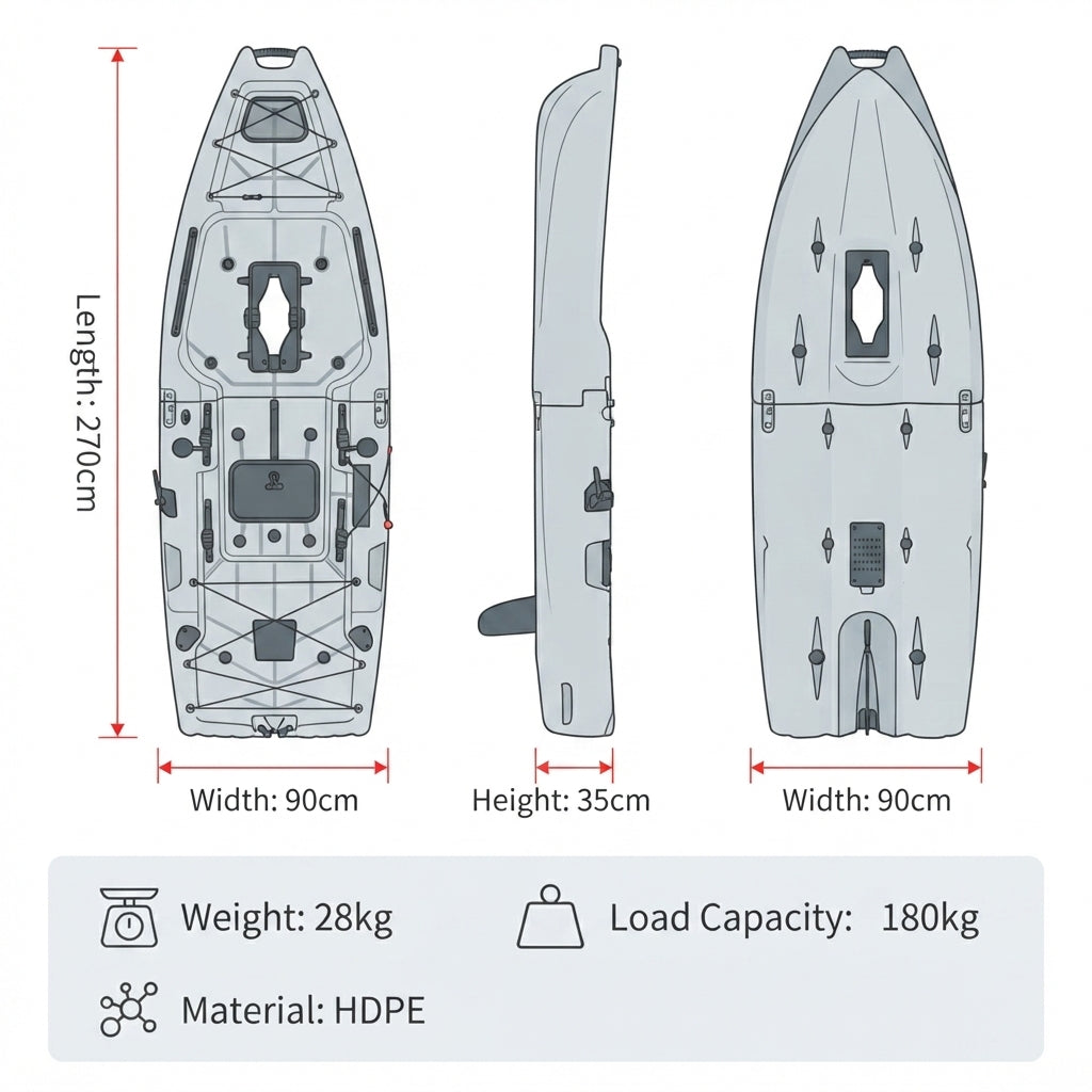 AirowMarine Modular Fishing Kayak – Two-Section, Pedal-Ready HDPE Hull – dimensions and specifications