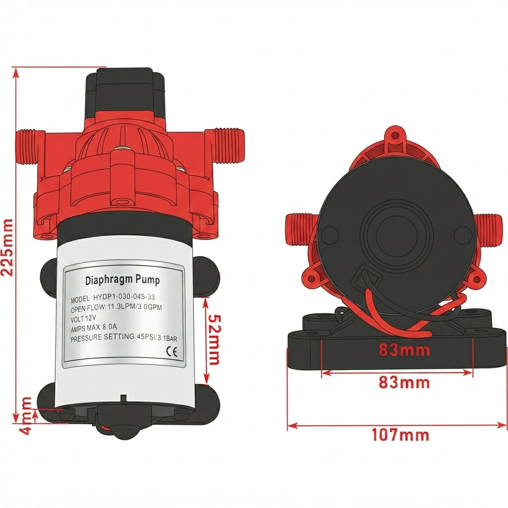AirowMarine 12V DC Diaphragm Pump – 3.0 GPM, 45 PSI – Saltwater Ready – dimensions and specifications