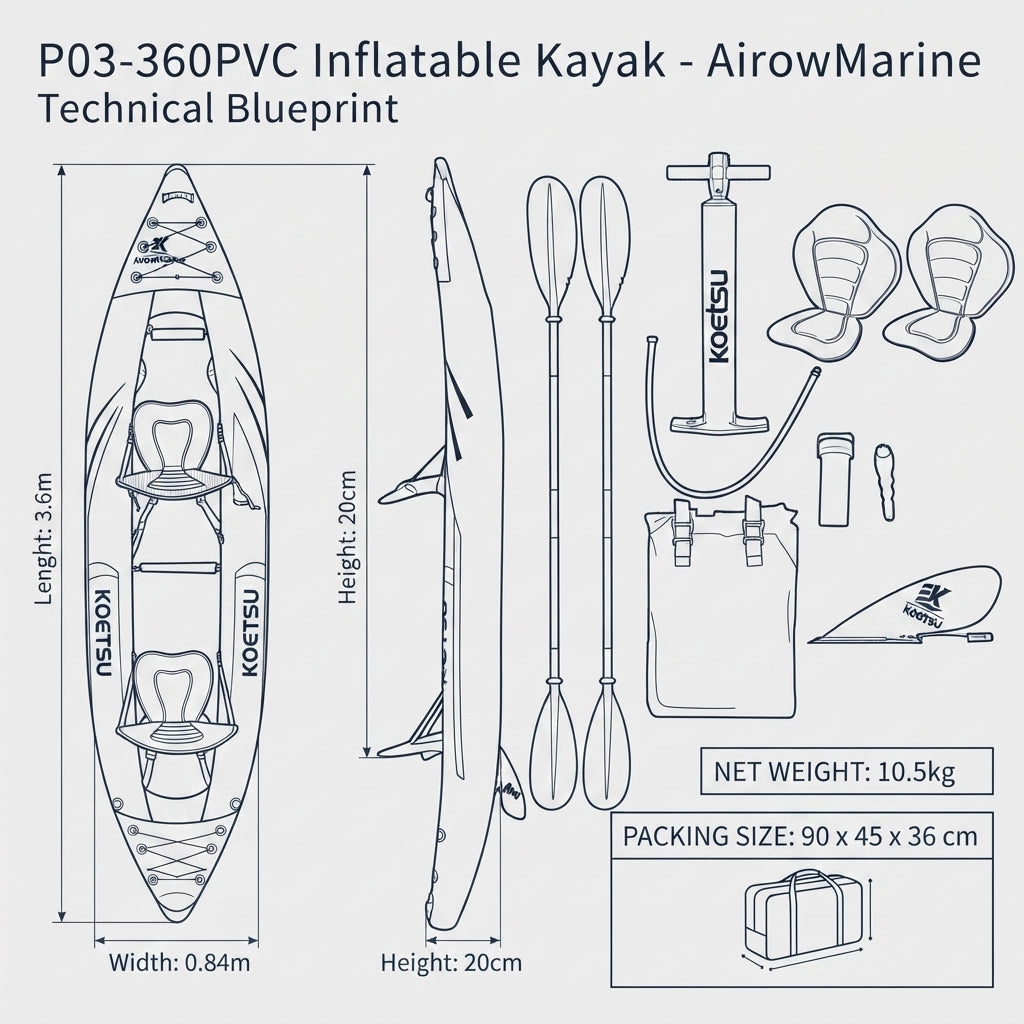 AirowMarine Inflatable Kayak – Dual-Seater, Puncture-Resistant PVC (3.6m) – dimensions and specifications