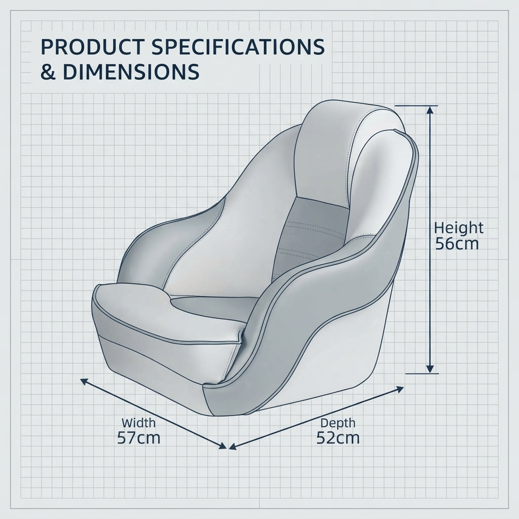 Premium Marine Yacht Bucket Seat – Water-Resistant PVC Leather, Fiberglass Base (57x52x56cm) – dimensions and specifications