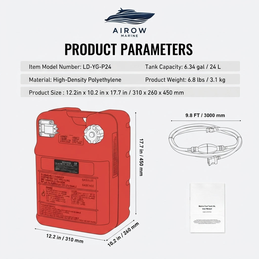 24L Marine Fuel Tank with 9.8ft Hose - Durable HDPE Outboard Boat Solution