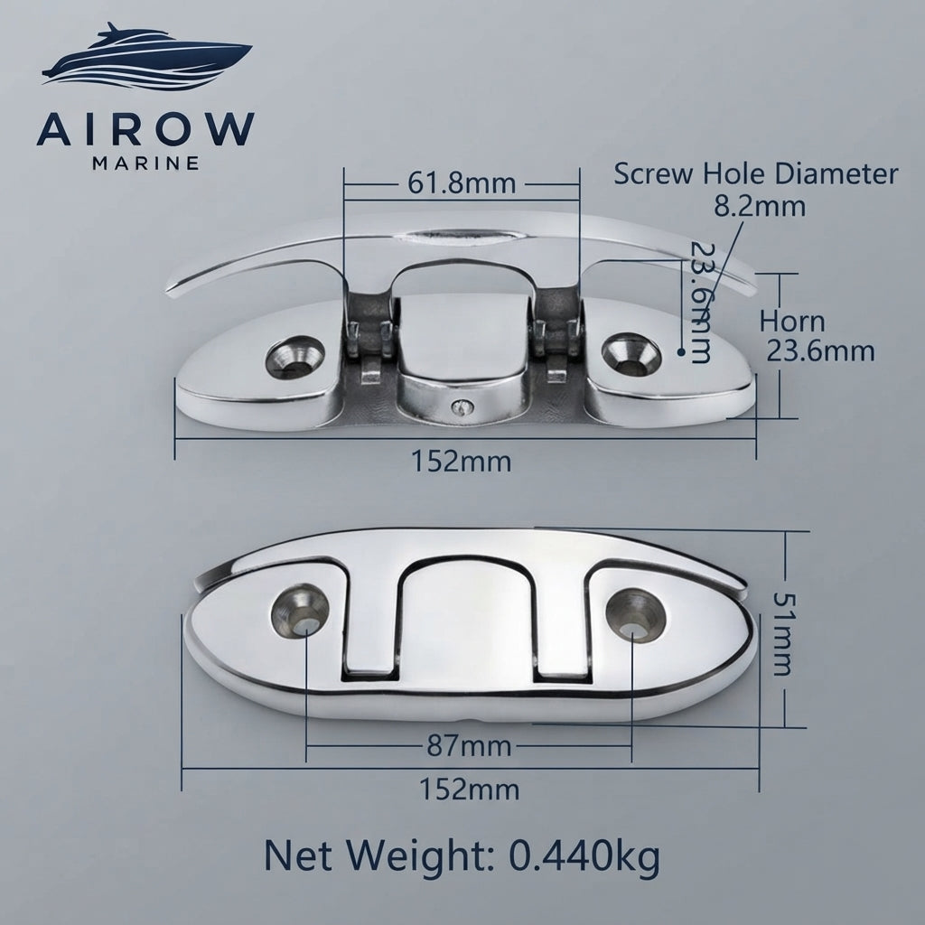 6-inch 316 Stainless Steel Folding Marine Cleat - Mirror Polished Yacht Hardware
