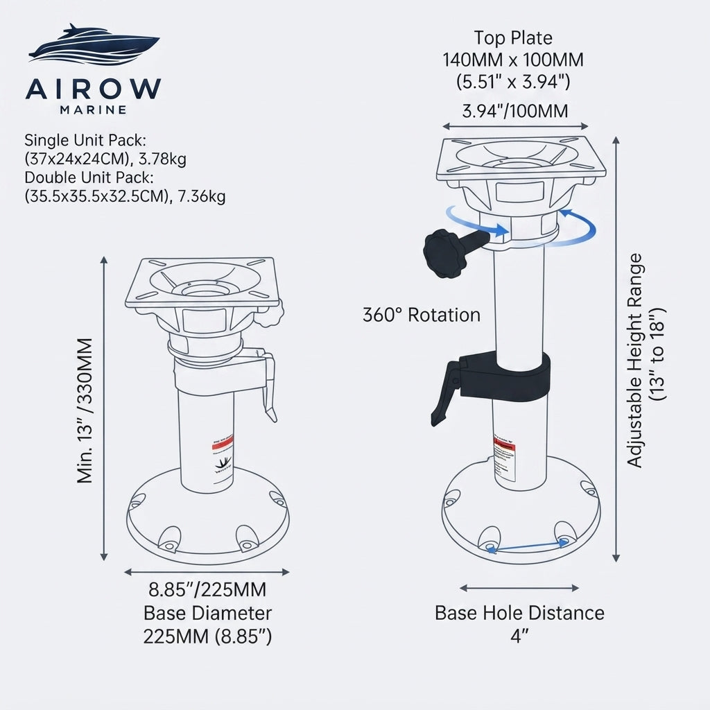 AirOw Marine Adjustable Boat Seat Pedestal - Anodized Aluminum, 360° Swivel