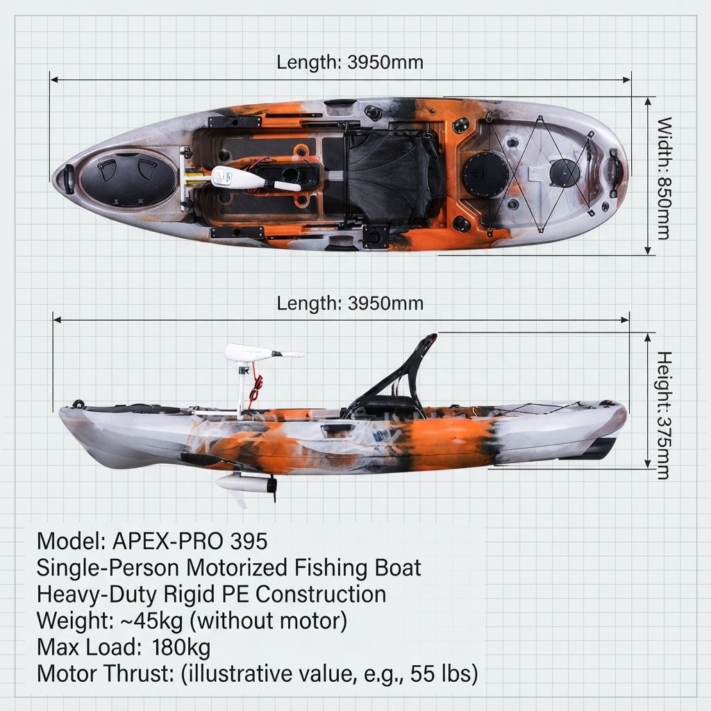 Motorized Fishing Kayak – High-Impact Rotomolded PE (3950mm) – dimensions and specifications