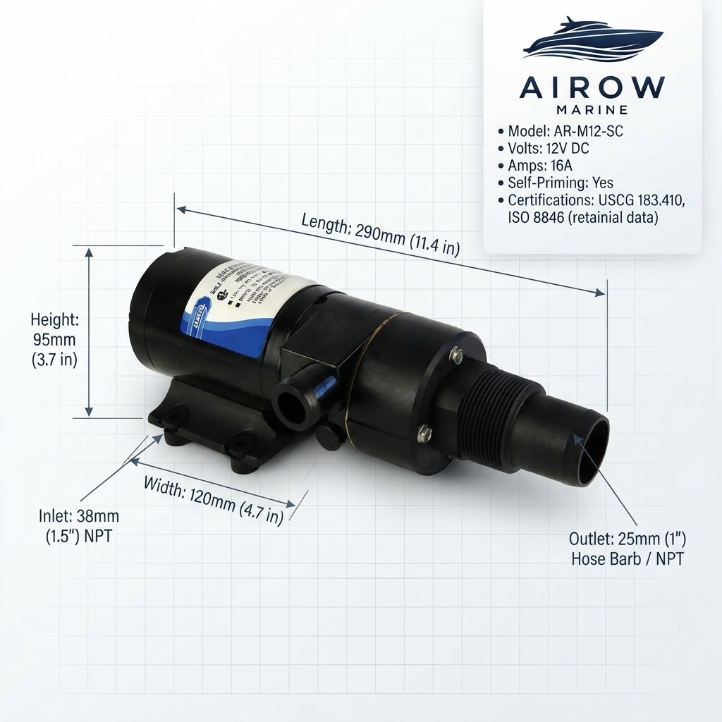 AIROW Marine Macerator Sewage Pump - 12V/24V Cut-Type Impeller, Anti-Clog (38mm Inlet)