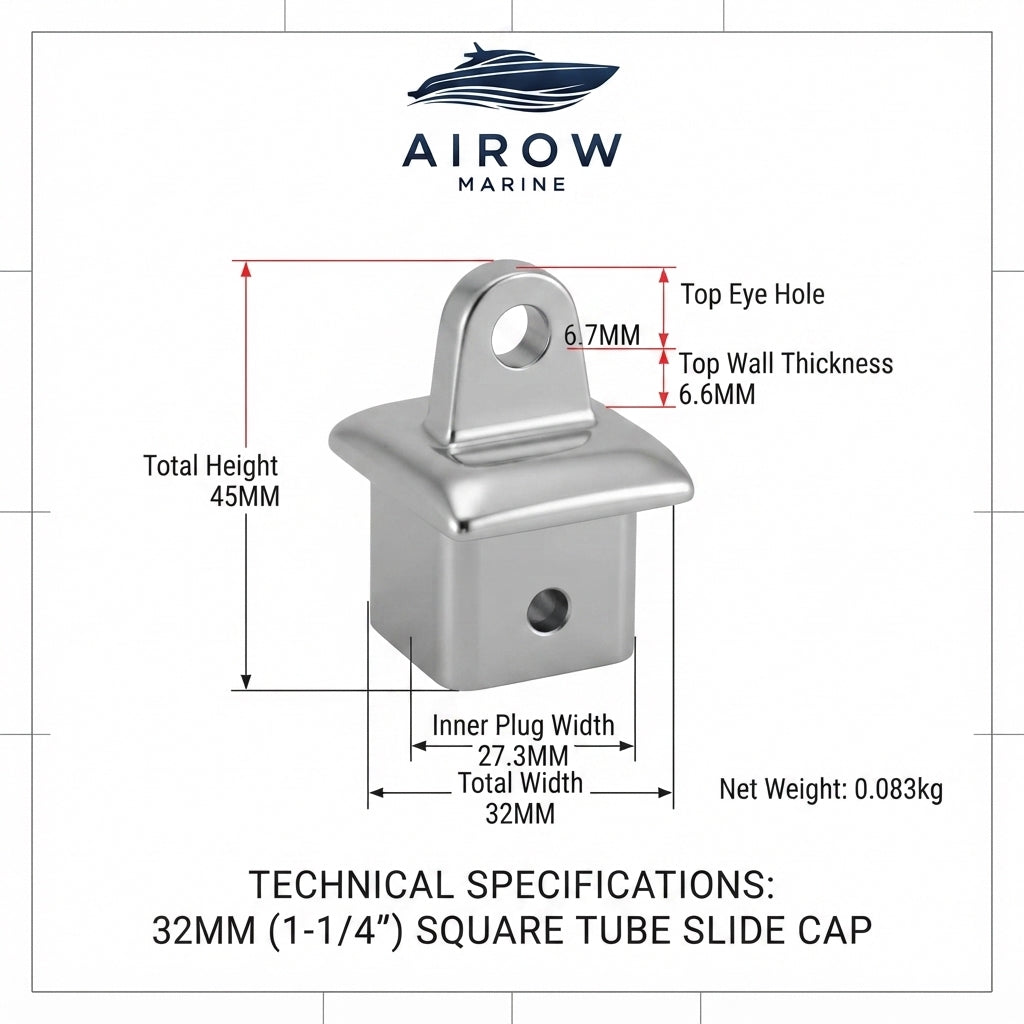 32MM 316 SS Square Tube End & Sliding Caps - Marine Yacht Hardware (Polished)