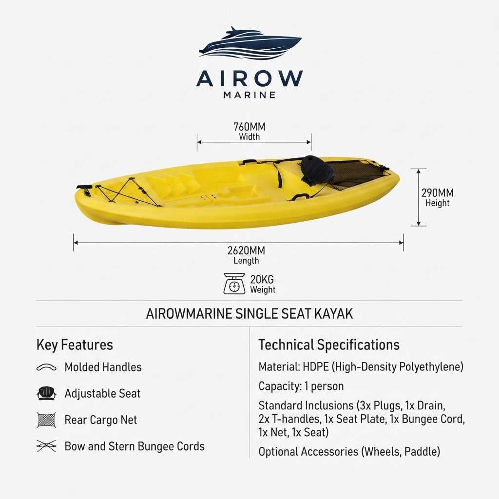 AirowMarine HDPE Blow-Molded Fishing Kayak - 262cm, 20KG Rigid Hull