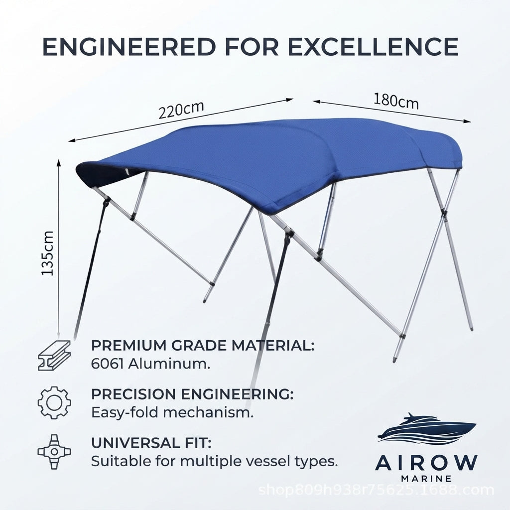 AirowMarine Folding Boat Bimini Top - UV-Resistant Blue Canopy w/ Aluminum Frame