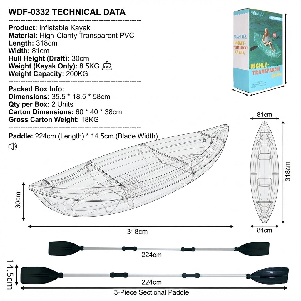 AirowMarine Transparent Inflatable Kayak – Ultra-Light, Reinforced Hull (318cm) – dimensions and specifications