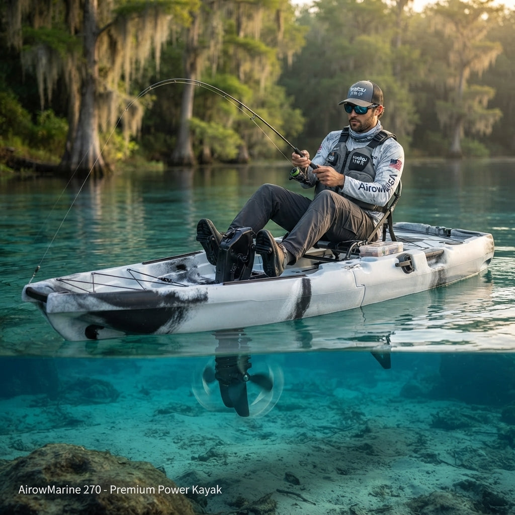 AirowMarine Modular Fishing Kayak – Two-Section, Pedal-Ready HDPE Hull – marine application view