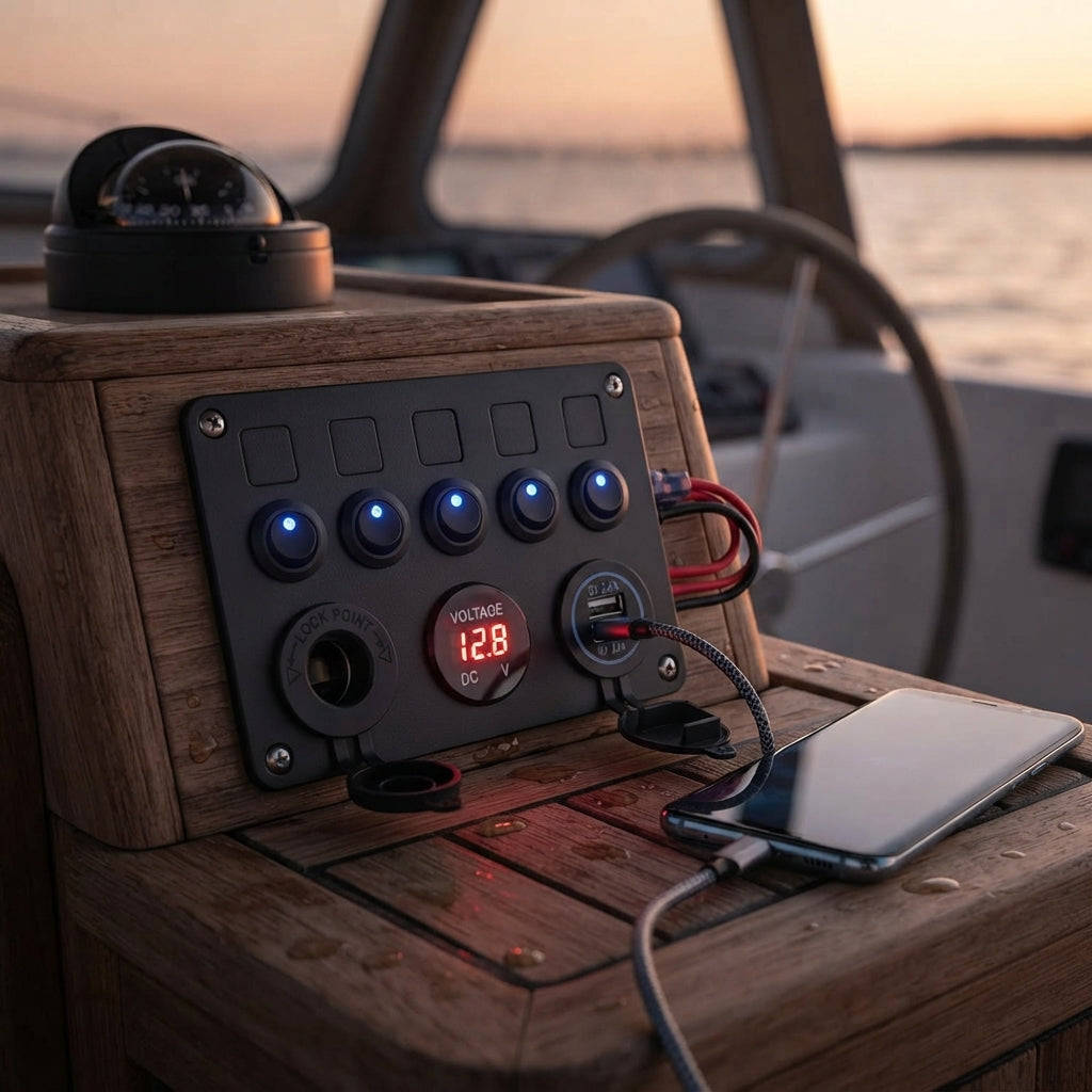 Marine 5-Button Switch Panel - Dual USB, Voltmeter & Cigarette Lighter 12-24V