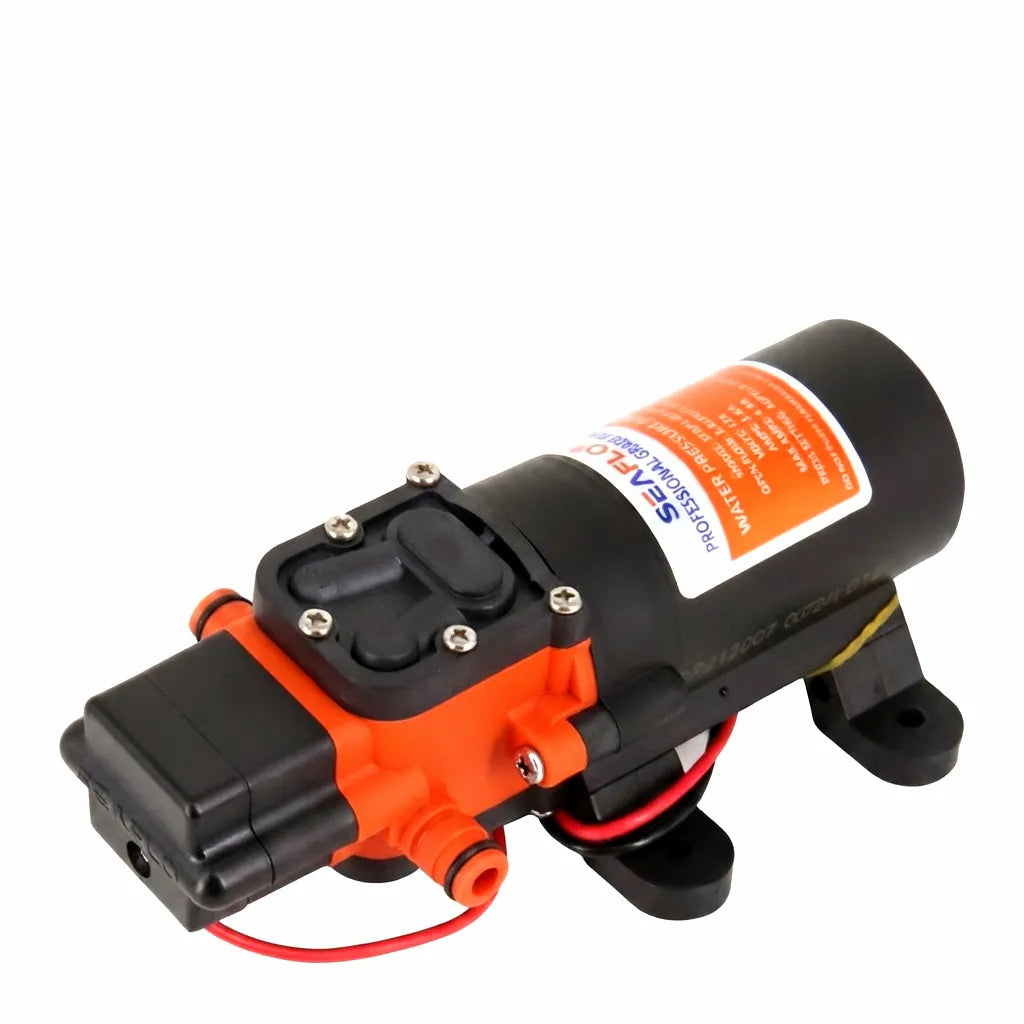 AirowMarine 12V/24V DC Water Pressure Pump for RVs and Boats, featuring self-priming and an automatic pressure switch in durable reinforced polypropylene housing.