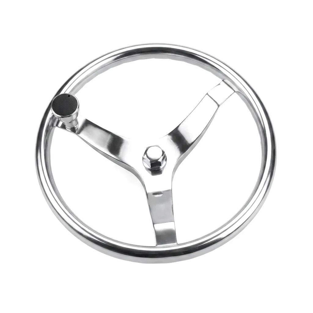 AirowMarine 13.5-inch 3-Spoke Marine Steering Wheel crafted from mirror-polished 316 stainless steel, shown against a pure white background.