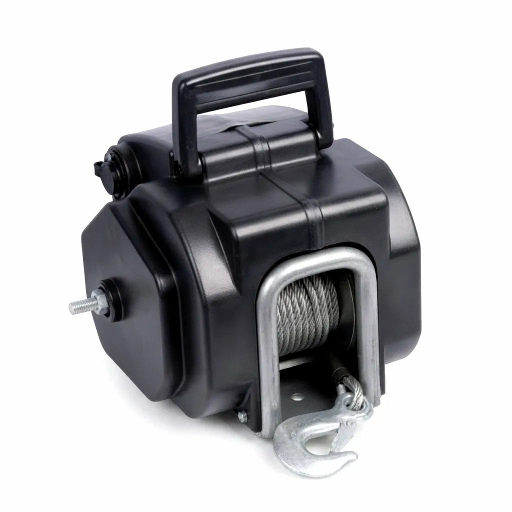 AirowMarine 2,000LB 12V Electric Marine Winch with steel wire rope and galvanized hook, shown on a pure white background.