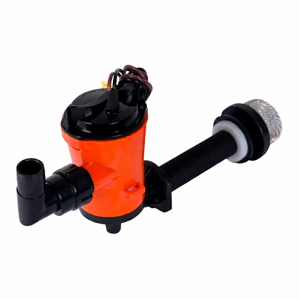 High-performance 24V 800 GPH marine baitwell aeration pump, orange and black, with 19mm discharge, designed for live bait preservation.