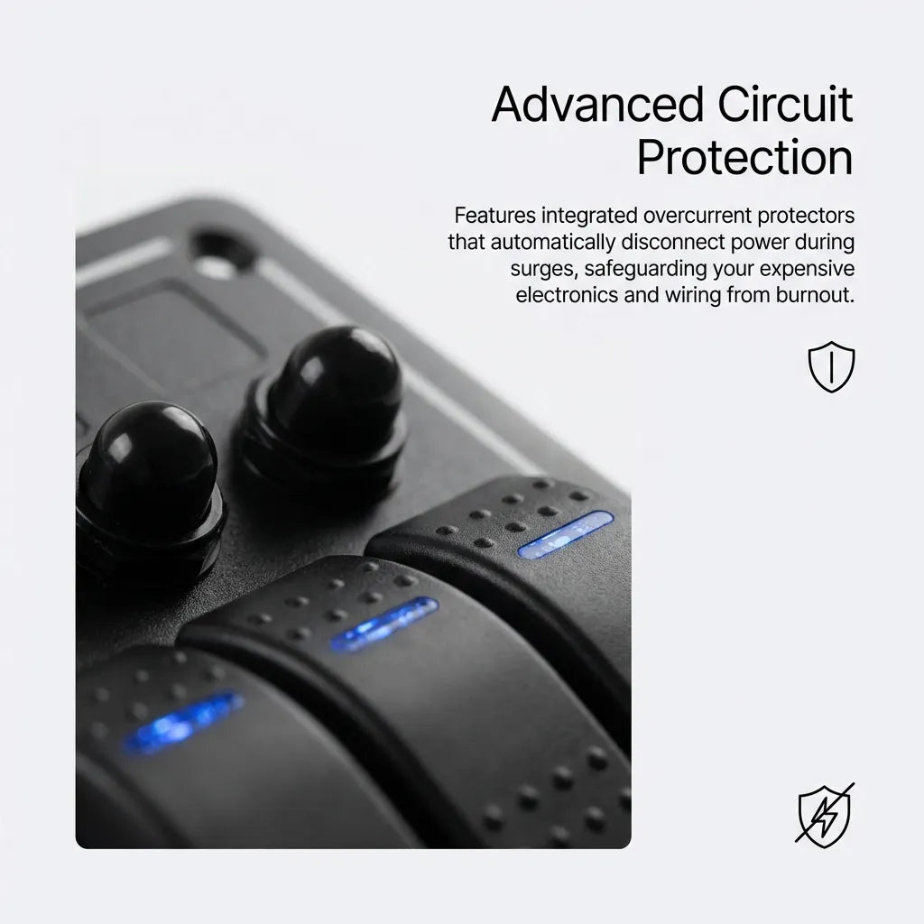 Macro shot of the integrated overcurrent protectors and switch actuators with blue LED status bars.