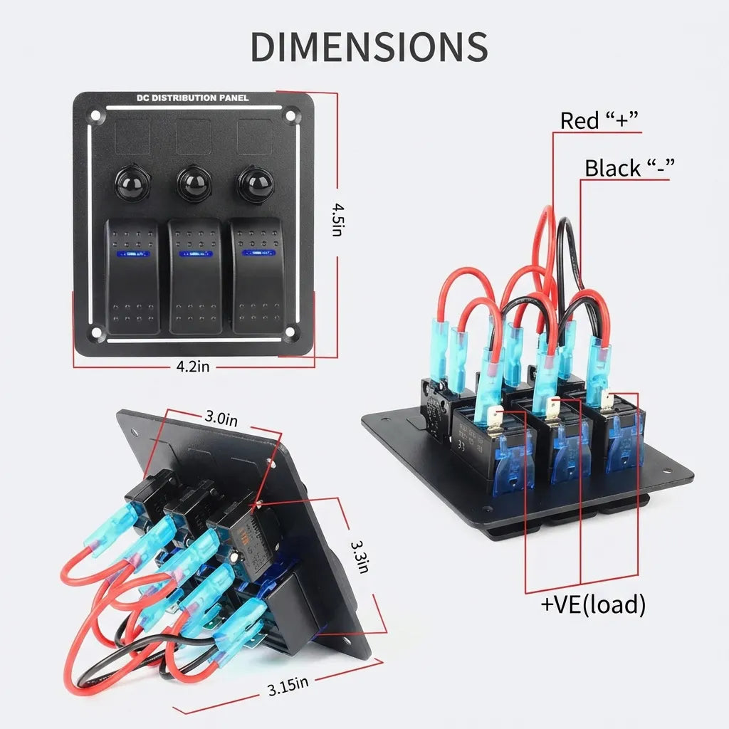 Technical diagram showing dimensions of 4.5 by 4.2 inches and a wiring schematic for 12V/24V DC installation with red positive and black negative leads.