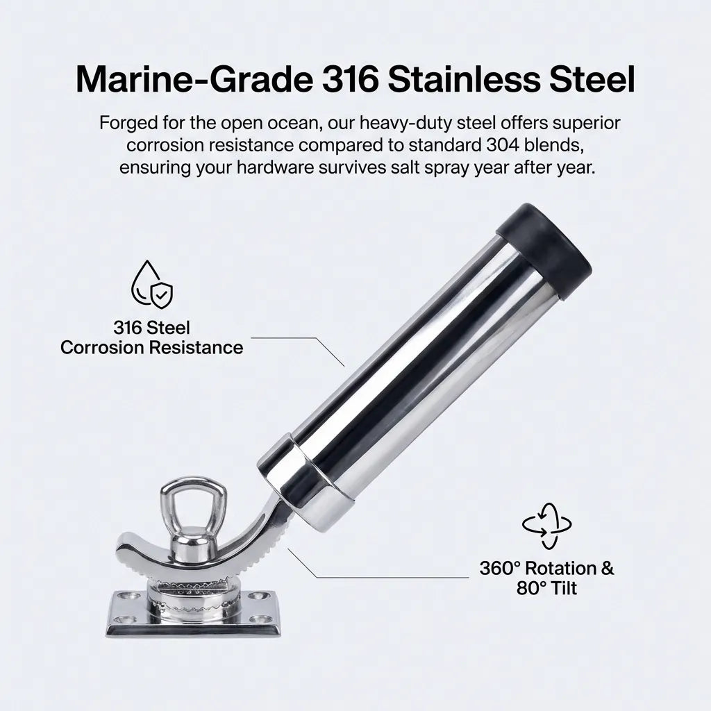 Infographic highlighting marine-grade 316 stainless steel construction for superior corrosion resistance and 360-degree rotation with 80-degree tilt functionality.