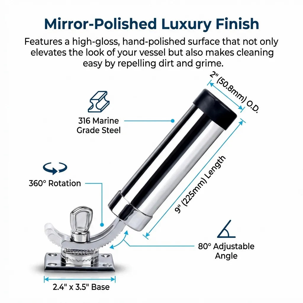 Diagram showing mirror-polished finish, 9-inch tube length, 2-inch outside diameter, and 2.4 by 3.5 inch mounting base dimensions.