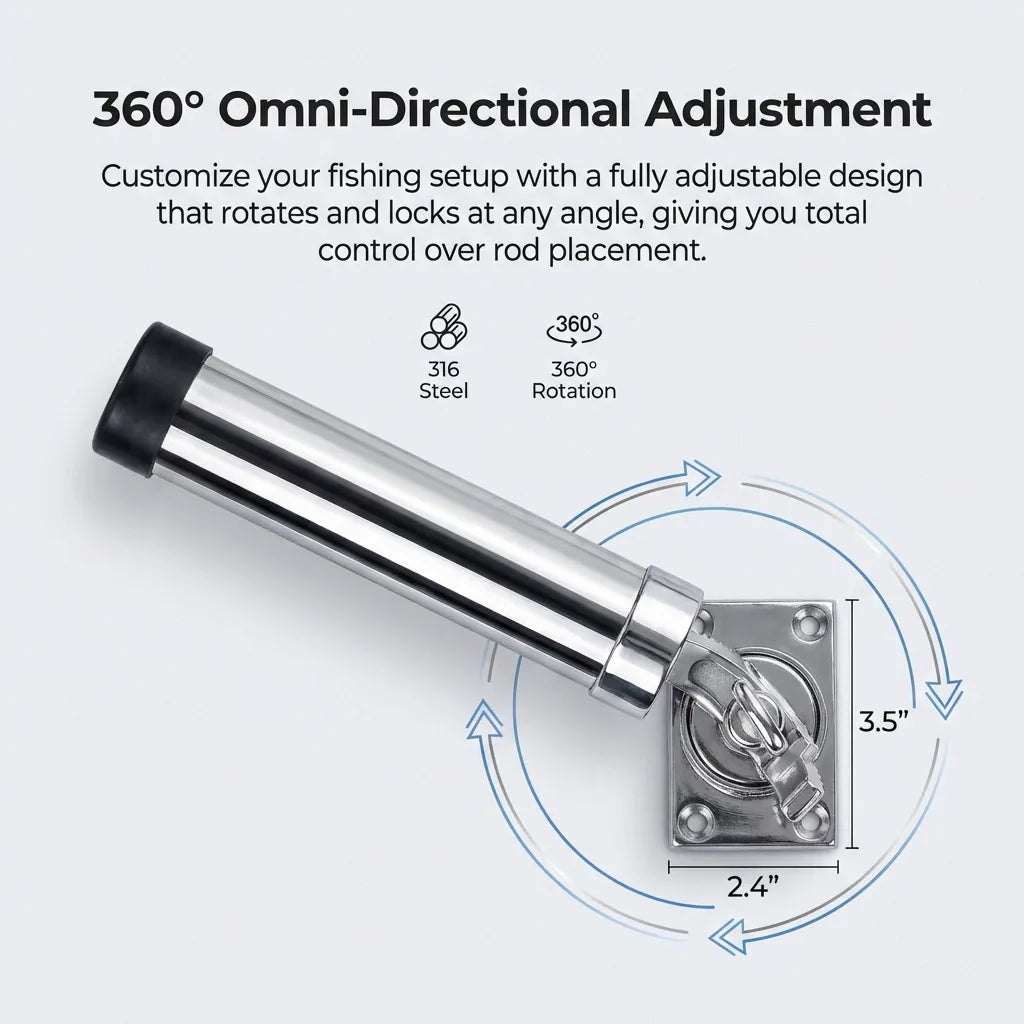 Top-down view diagram explaining the 360-degree omni-directional adjustment and the 3.5 inch by 2.4 inch rectangular mounting base footprint.