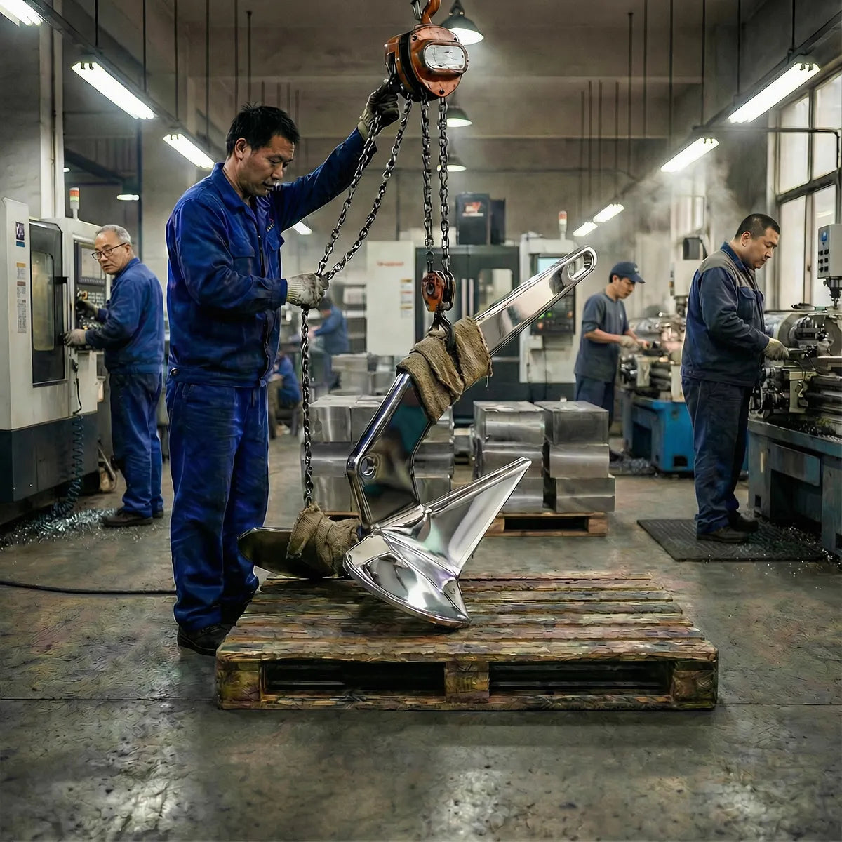B2B marine hardware production: A massive mirror-polished 316 stainless steel boat anchor being hoisted for quality verification in AirowMarine’s industrial workshop in mainland China.