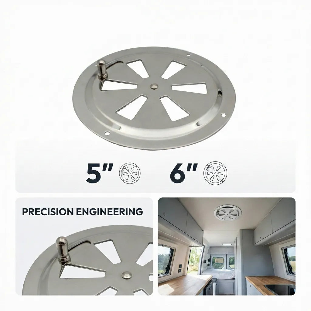 Composite image showing the vent installed in a camper van ceiling and close-ups of the precision engineered 316 steel butterfly mechanism.