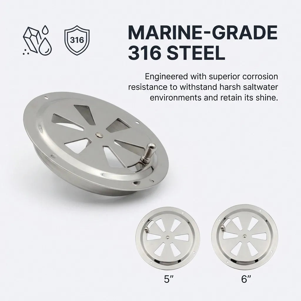 Infographic highlighting the marine-grade 316 steel construction and superior corrosion resistance for saltwater environments with 5 and 6 inch size indicators.