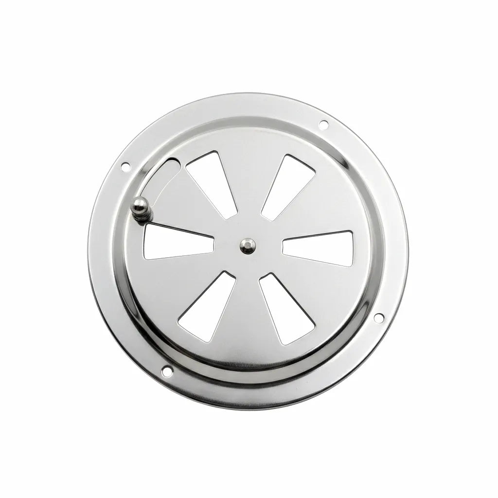 Top-down view of a circular marine butterfly vent made of mirror-polished 316 stainless steel with an adjustable center control knob on a white background.