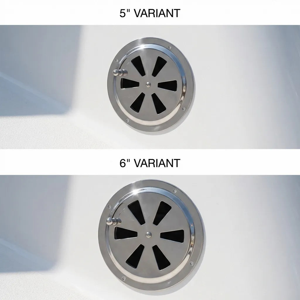 Dual view showing the 5-inch and 6-inch variants of the stainless steel butterfly vent installed on the white fiberglass hull of a luxury boat.