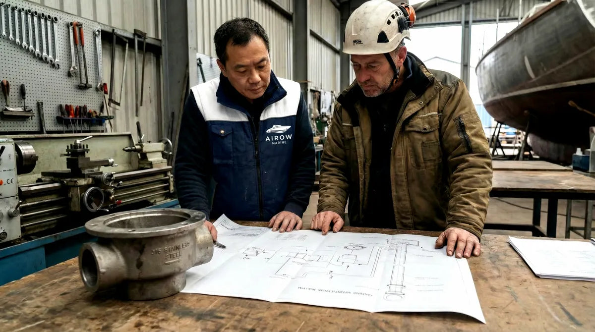 AirowMarine experts and international partners reviewing technical blueprints for custom OEM marine casting components and heavy-duty hardware projects.