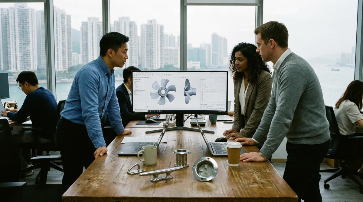 AirowMarine engineering team in the Hong Kong office discussing a custom 3D propeller design for specialized marine hardware solutions.
