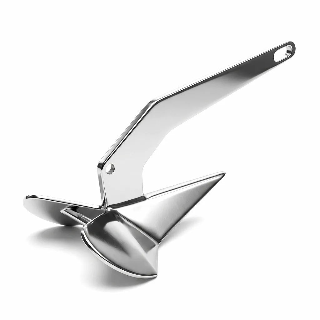 Hero shot of a high-gloss mirror-polished Delta anchor made of 316 marine-grade stainless steel against a white background.