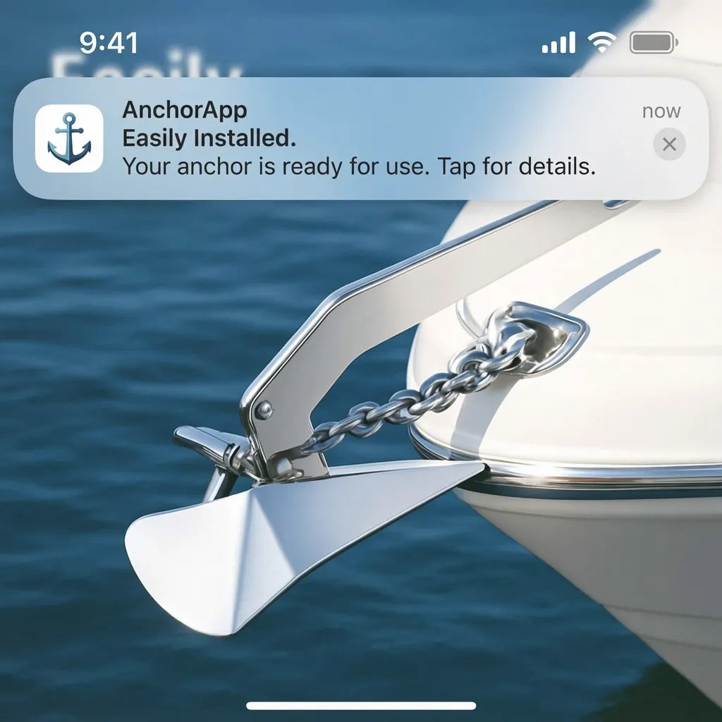 A mirror-polished Delta anchor installed on a boat's bow roller with a heavy-duty chain, overlaid with a mobile app notification icon.