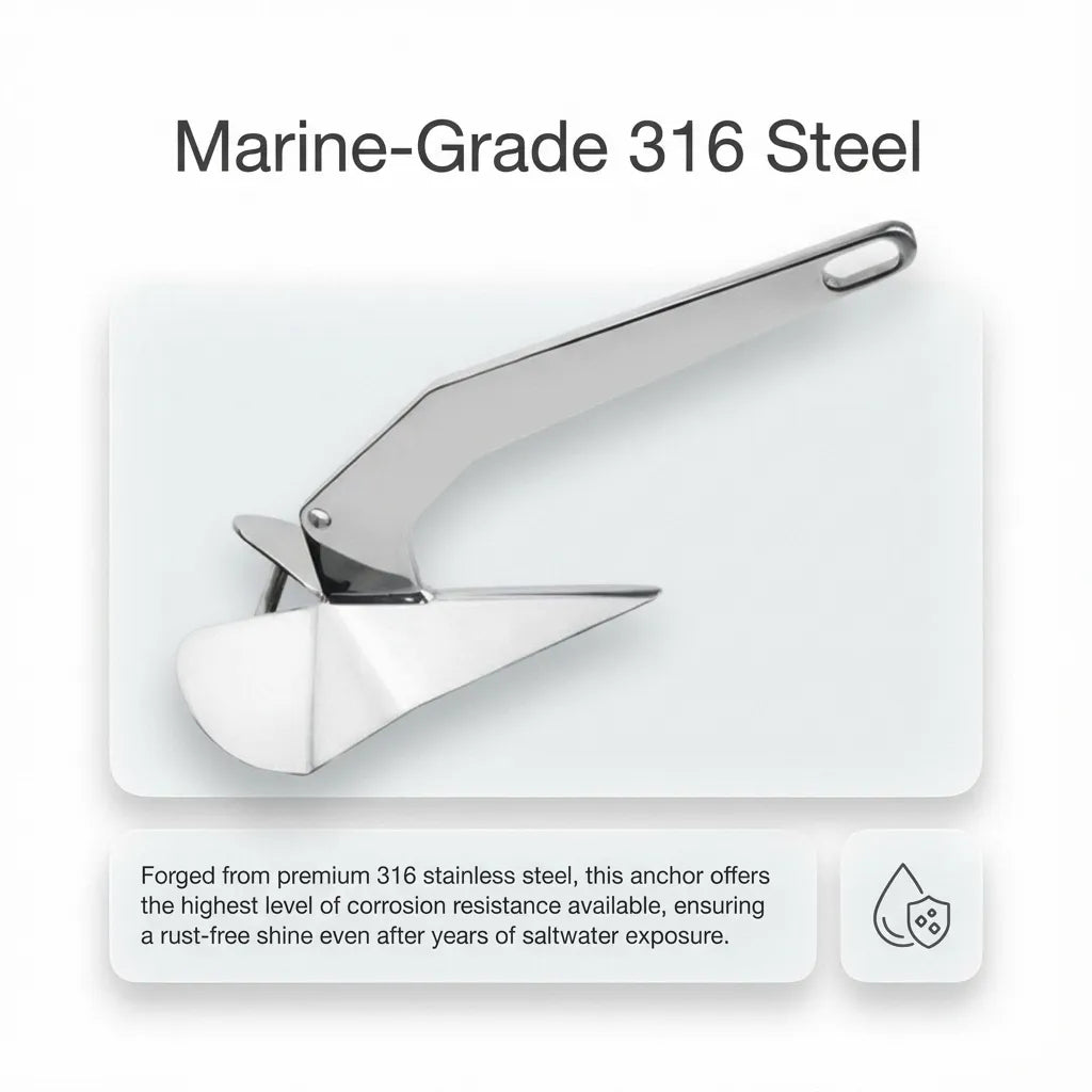 Detail view with text highlighting the 316 marine-grade stainless steel construction and its resistance to saltwater corrosion.