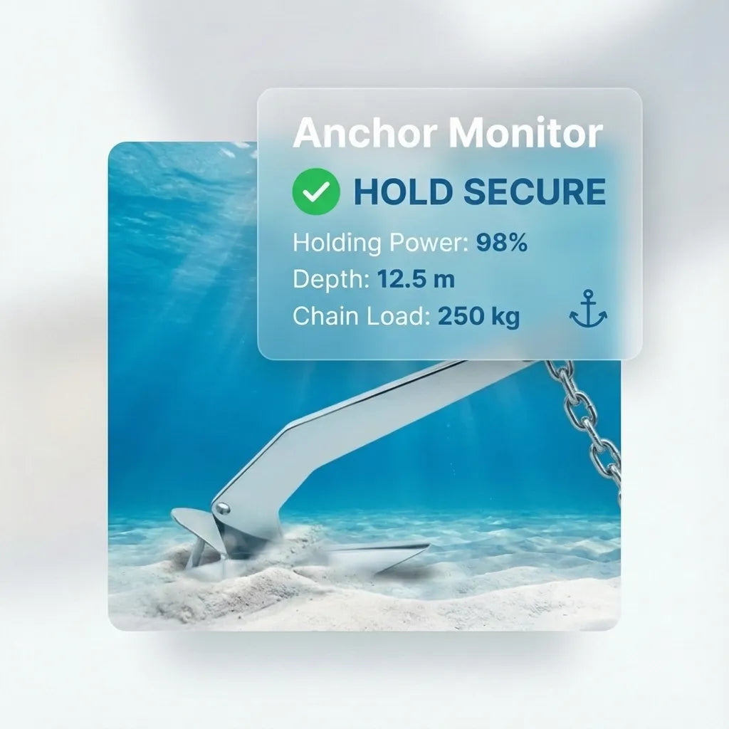 Underwater visualization of the anchor buried in sandy seabed with a digital 'Anchor Monitor' interface showing 98% holding power.