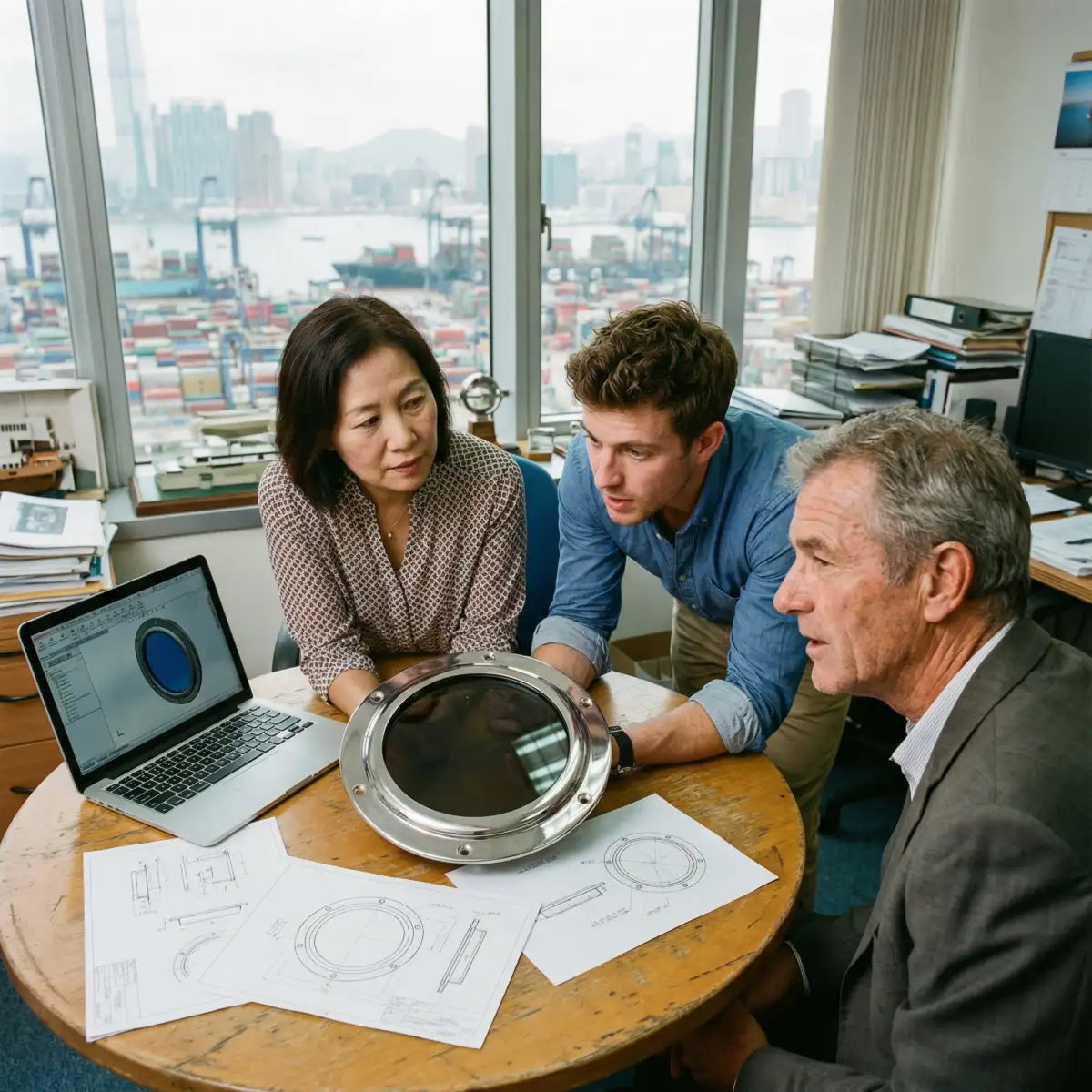 Design engineers and marine consultants reviewing technical blueprints and a stainless steel porthole window assembly in an office overlooking a container port.