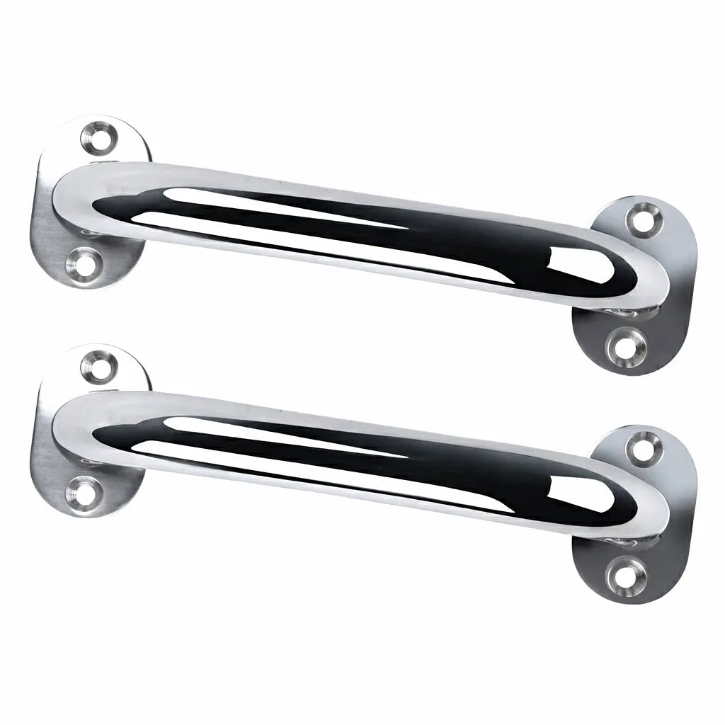 Pair of AirowMarine 316 stainless steel grab handles with mirror polished finish on a pure white background, showcasing ergonomic design and secure mounting plates.