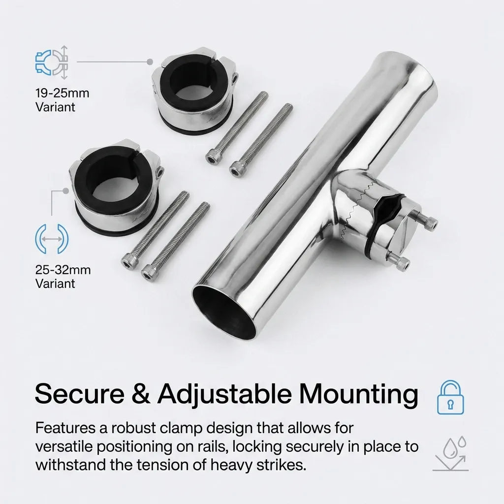 Exploded view diagram showing the two clamp size variants and the four-bolt mounting system for rod holders.